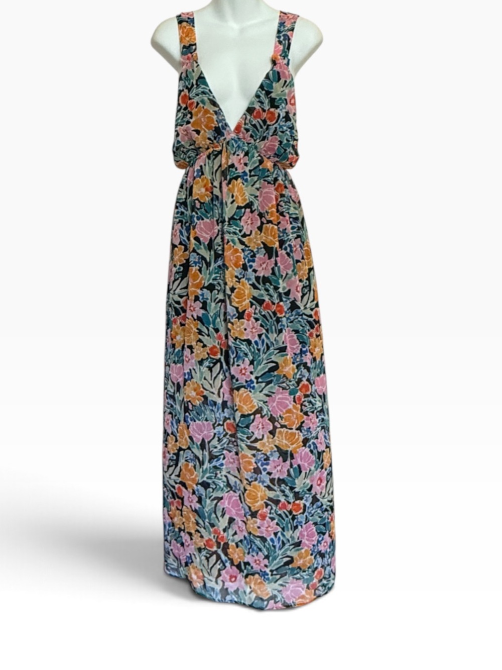 NWT Promesa Midnight Floral Deep V Maxi Dress - Pink & Orange Floral Size Large